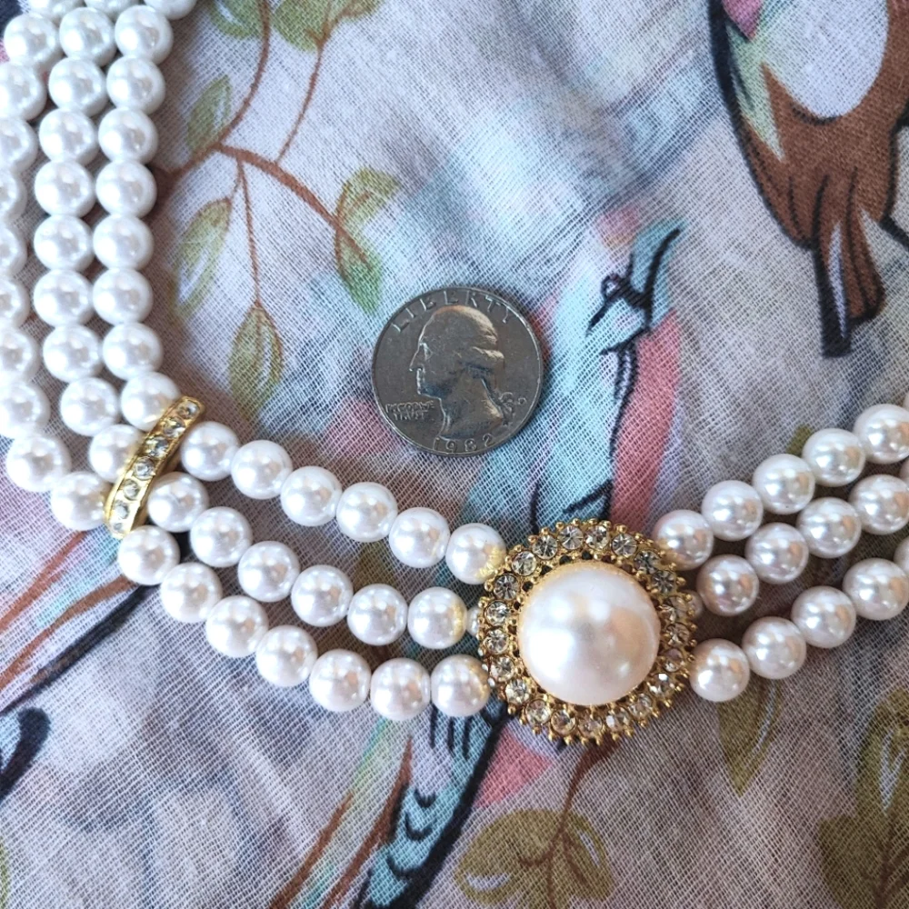 Three 3 Strand Faux Pearl Gold Tone Collar Bib Necklace Clear Rhinestones EUC